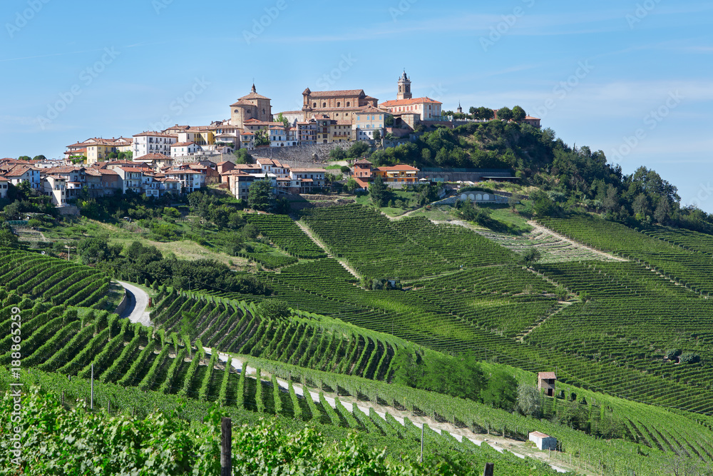 La Morra village in Piedmont, Langhe hills in Italy in a sunny summer day