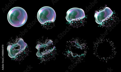 Vector 3d soap transparent bubble stages of the explosion. Water spheres, realistic balls, soapy balloons, soapsuds. Glossy foam aqua, realistic bright abstract illustration. photo