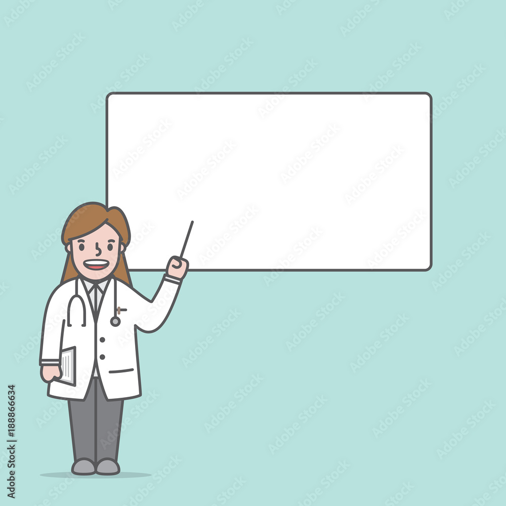 Doctor character (woman) & text box lecture illustration vector on green background. Medical concept. Doctor character (woman) & text box lecture illustration vector on green background. Medical concept.