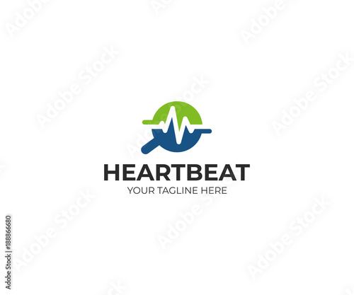 Magnifier and heartbeat logo template. Pulse trace and loupe vector design. Medical illustration