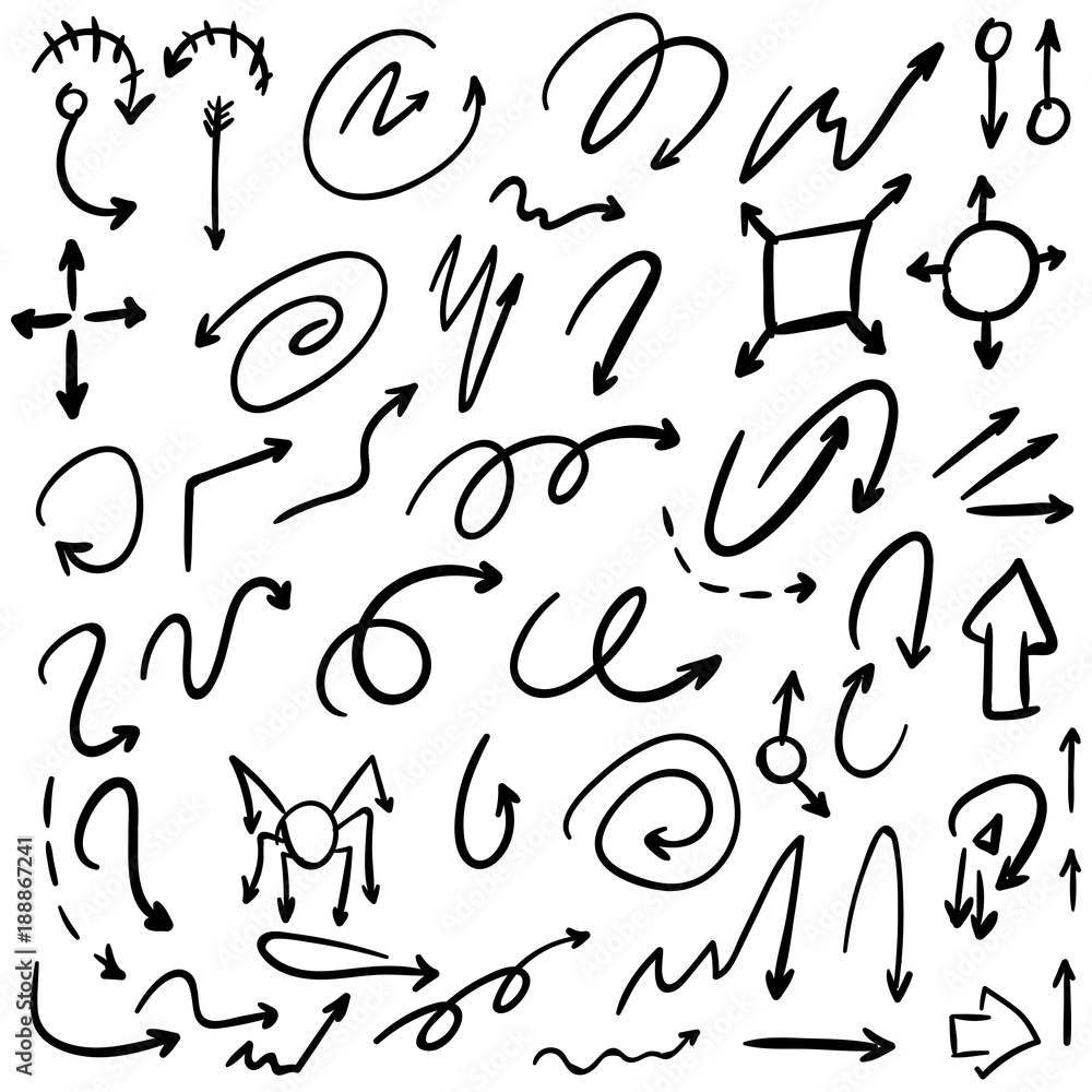 Arrow doodles vector. A set of simple sketches of arrows. Up, down, left, right ones. The effect of a pencil sketch isolated on white background.. Vector eps 10. Arrow doodles vector. A set of simple sketches of arrows. Up, down, left, right ones. The effect of a pencil sketch isolated on white background.. Vector eps 10.