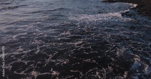 Hawaii drone aerial moving low along  the black sand volcanic beach 2