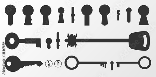 Silhouettes of keyholes and keys. Vector illustration.