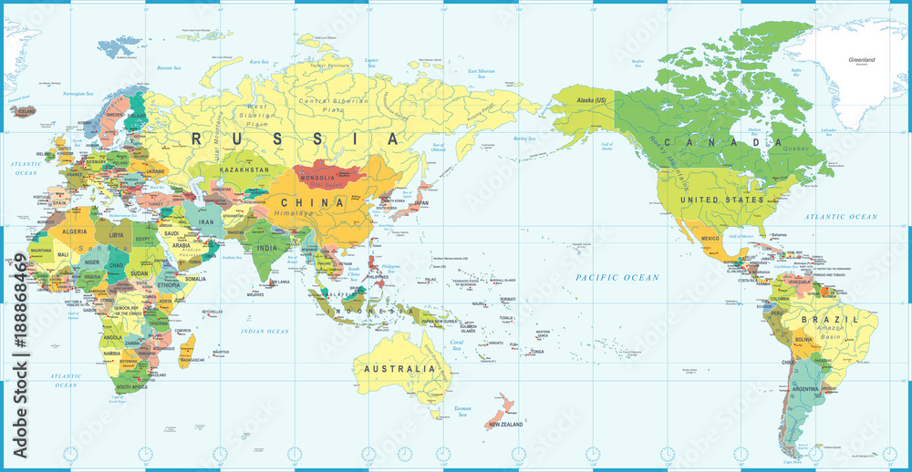 Fototapeta premium Kolor mapy świata - Azja w środku