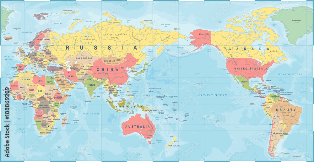 Obraz premium Mapa świata Vintage Old Retro - Asia in Center