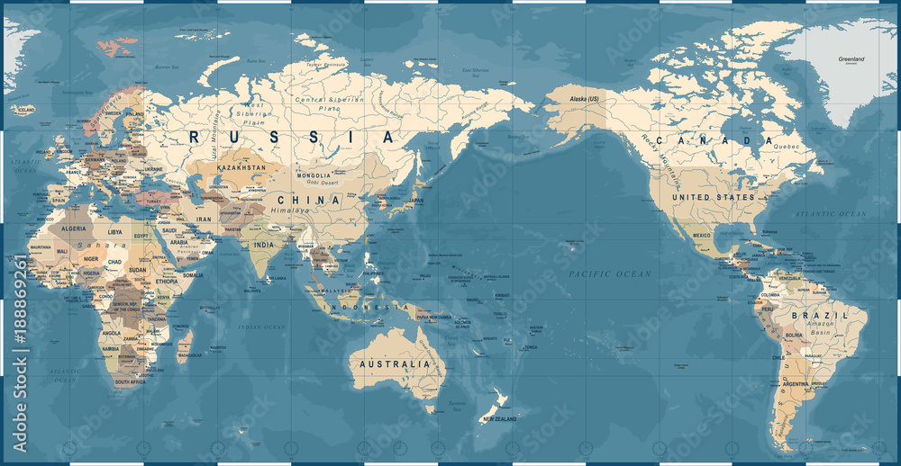 Obraz premium Mapa świata Vintage Old Retro - Asia in Center