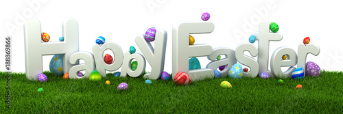 Happy Easter text with colorful eggs on green grass - 3d render