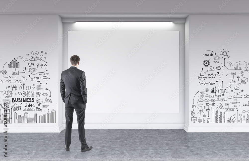 Rear view of a man looking at a wall business plan Rear view of a man looking at a wall business plan