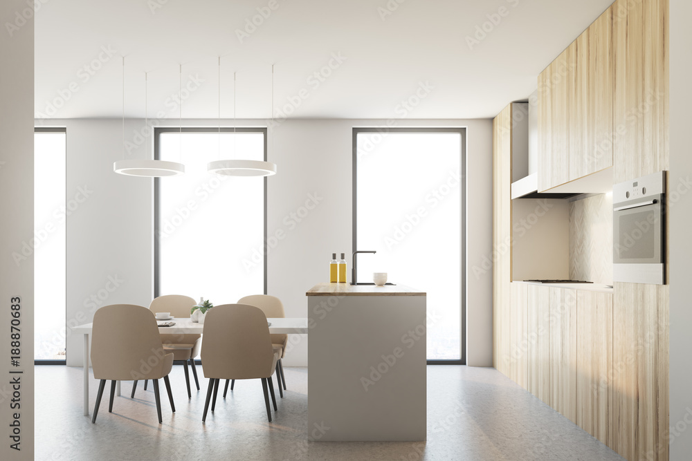Fototapeta premium Wooden and white kitchen interior