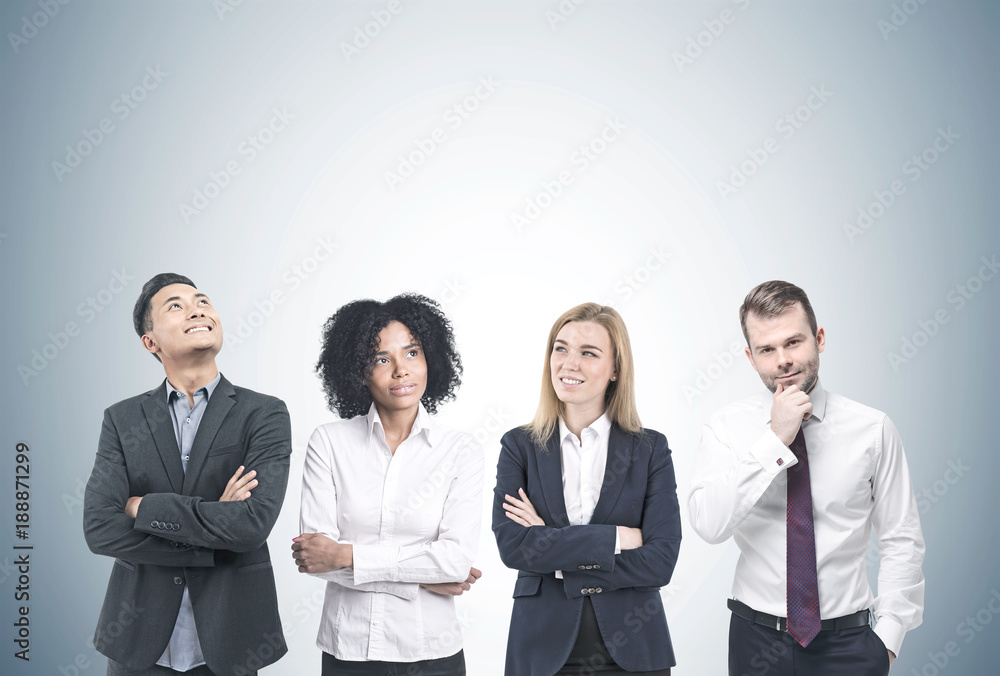 Diverse business team brainstorming, gray Diverse business team brainstorming, gray