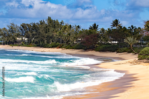 Empty beach on a sunny day at Sunset beach, Oahu, Hawaii