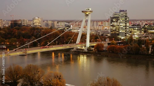 BRATISLAVA, SLOVAKIA - NOVEMBER 03, 2017: Aerial view of Bratislava with famous Bridge SNP in autumn day photo