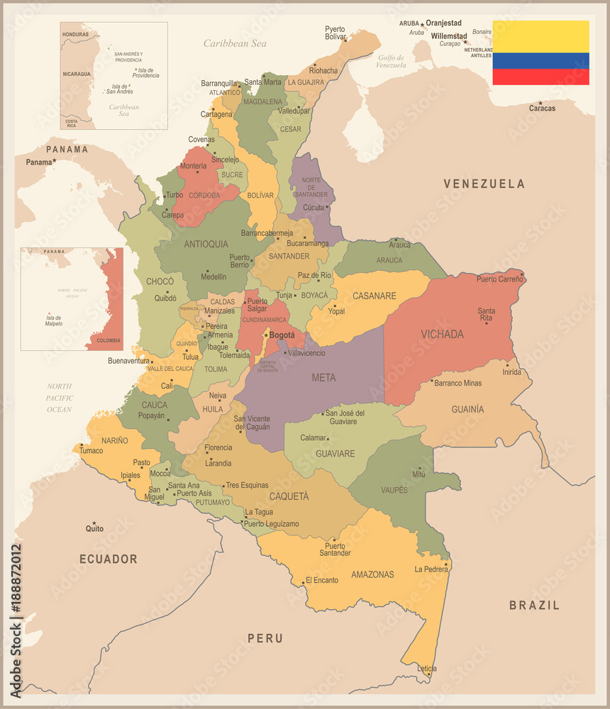 Fotografia, Obraz Colombia - vintage map and flag - Detailed Vector Illustration