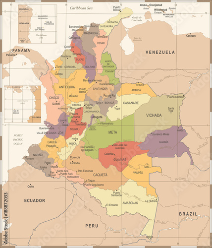 Colombia Map - Vintage Detailed Vector Illustration