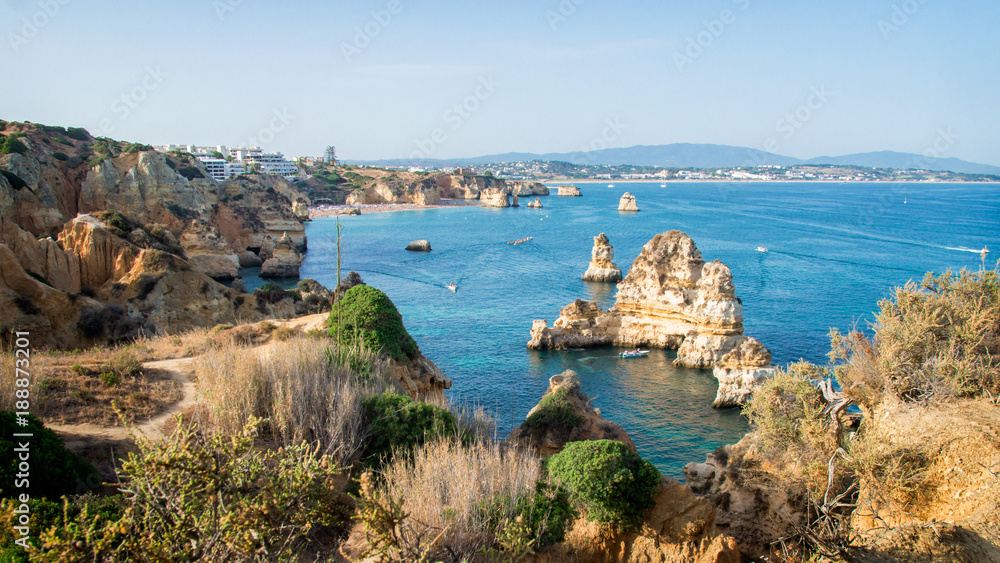 Landscape view of the shoreline of Lagos coasts, Algarve, Portugal.