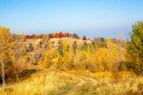 Autumn hills, yellow grass, and blue sky landscape