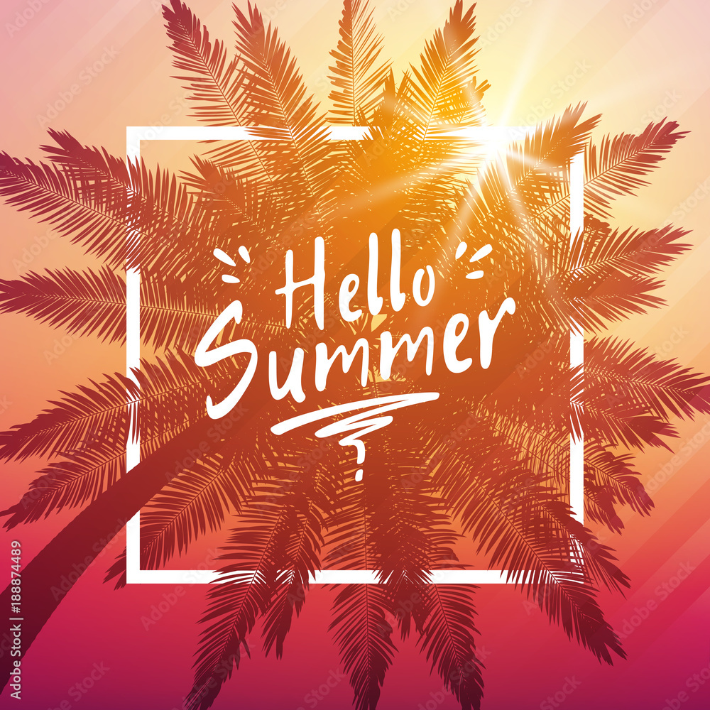 Naklejka premium Hello summer background with palm and frame