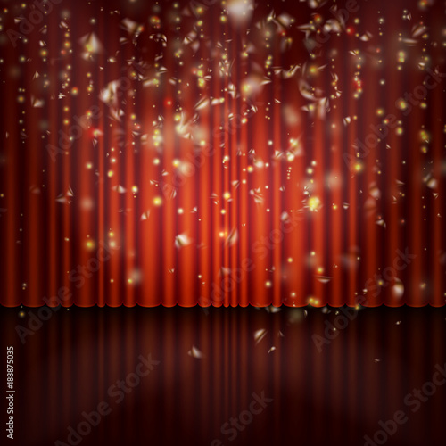 Spotlight on red curtain with glitter light. EPS 10 vector