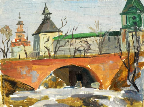 Fototapeta samoprzylepna zimowy krajobraz rosyjski miasto zagorsk i klasztor, olej na płótnie, ilustracja