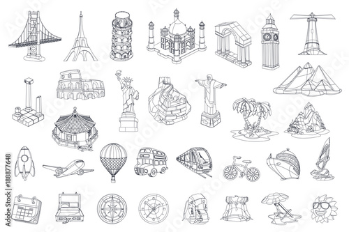 Travel, tourist attraction. vector icon set