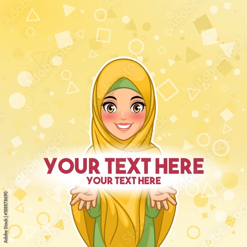Muslim woman wearing hijab veil presenting text space cartoon character design, against yellow background, vector illustration.