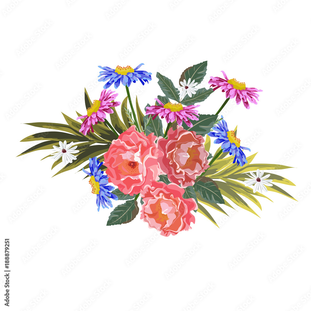 Bouquet of garden flowers. Decor elements for greeting cards, wedding invitations, birthday and other celebrations. Isolated on white background.