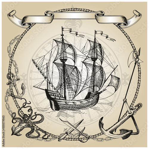 Adventure stories. Pirate background. Vintage border frame. Old caravel, vintage sailboat, sea monster.