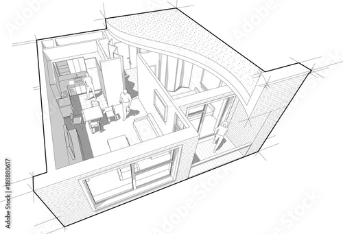Perspective cutaway diagram of a one bedroom apartment completely furnished with flat roof cutaway over it 