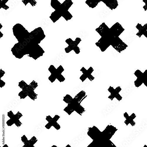 Vector hand drawn seamless cross pattern. Black and white ink background. Des...
