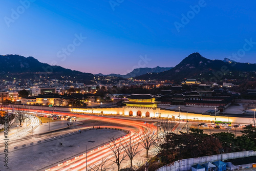 Korea,Gyeongbokgung palace at night in Seoul, South Korea. ancientarchitecturebluecastlecitycityscapeeuropehistoriclandmarklandscapelightmountainnightoldroadseoulskyskylinetourismtowntraffictraveltwil