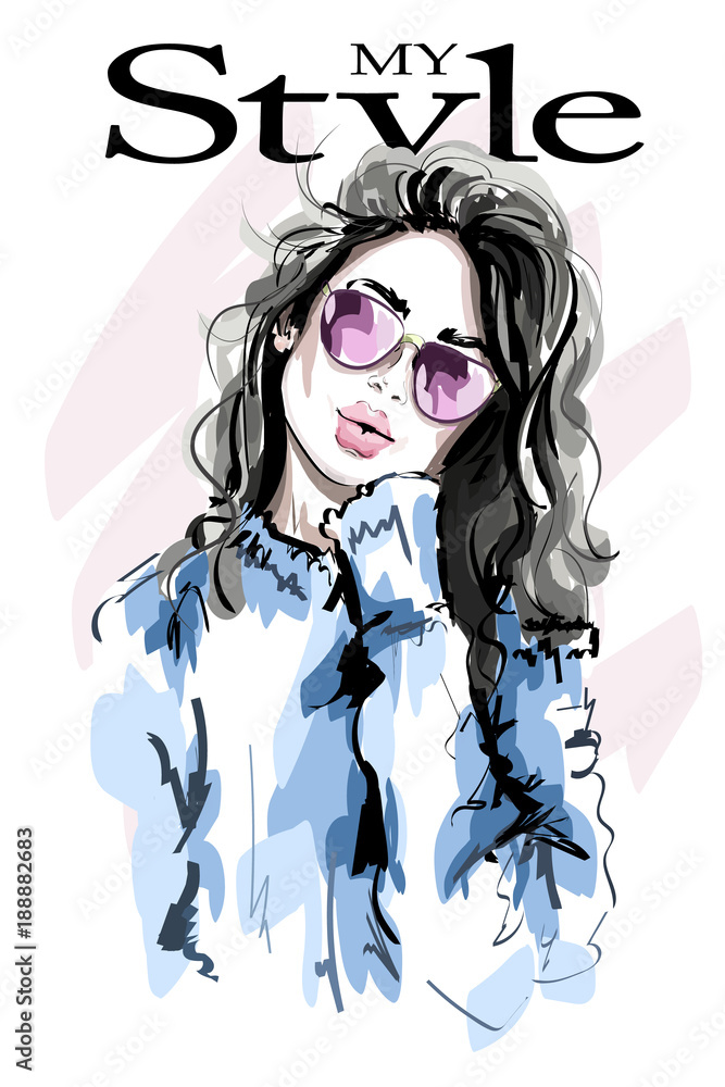 Hand drawn beautiful young woman in sunglasses. Fashion woman. Sketch. Vector illustration. Stock Adobe Stock
