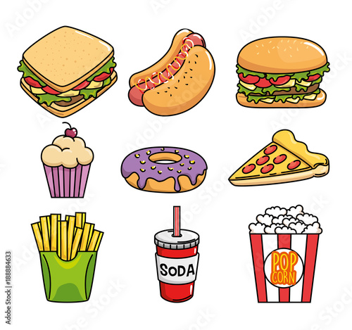 fast food stickers pop art vector illustration design