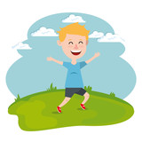 happy boy running in the field vector illustration design