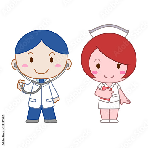 Cartoon character of doctor and nurse.