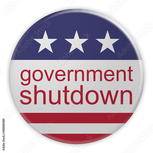 USA Politics News Badge: Government Shutdown Button With US Flag, 3d illustration