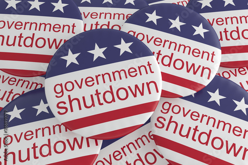 USA Politics News Badges: Pile of Government Shutdown Buttons With US Flag, 3d illustration photo