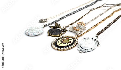 Necklace and pendants isolated on white background.