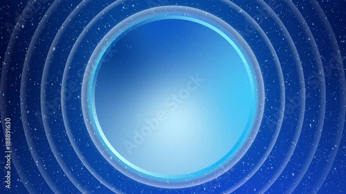 Blue background with gradient color circle and radio signal waves. Expanding concentric circles radiating out from the center. Snowflakes and Blur effect. Big space for titles and teleshopping text.