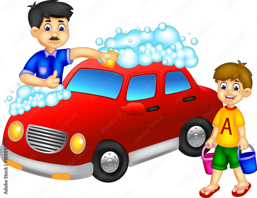 cool father and boy cartoon car wash with laughing Stock Illustration |  Adobe Stock