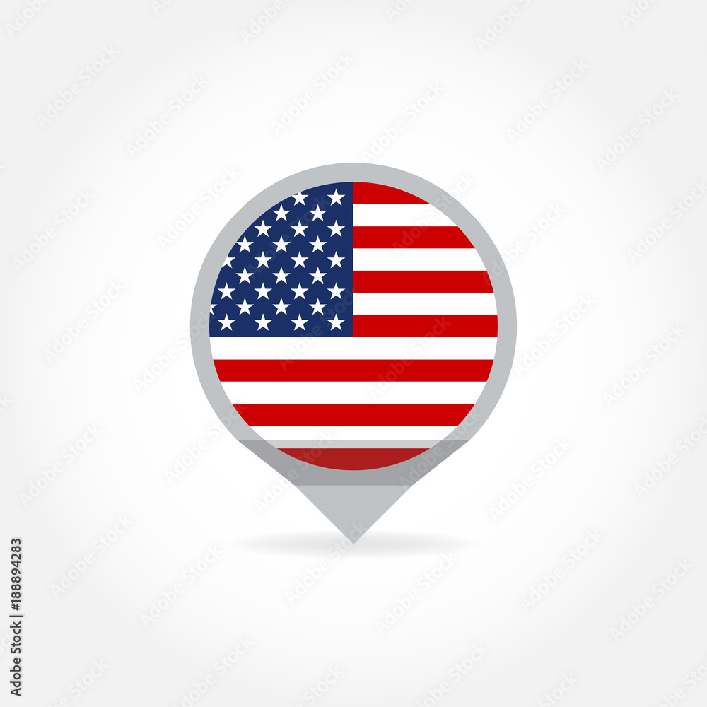 Flag of USA in shape of map pointer or marker. United States, American national symbol icon. Vector illustration. Flag of USA in shape of map pointer or marker. United States, American national symbol icon. Vector illustration.