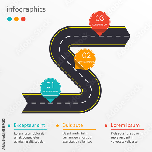 Winding road with 3 steps, options or levels. Step by step infographics template with asphalt road in shape of arrow. Vector illustration.