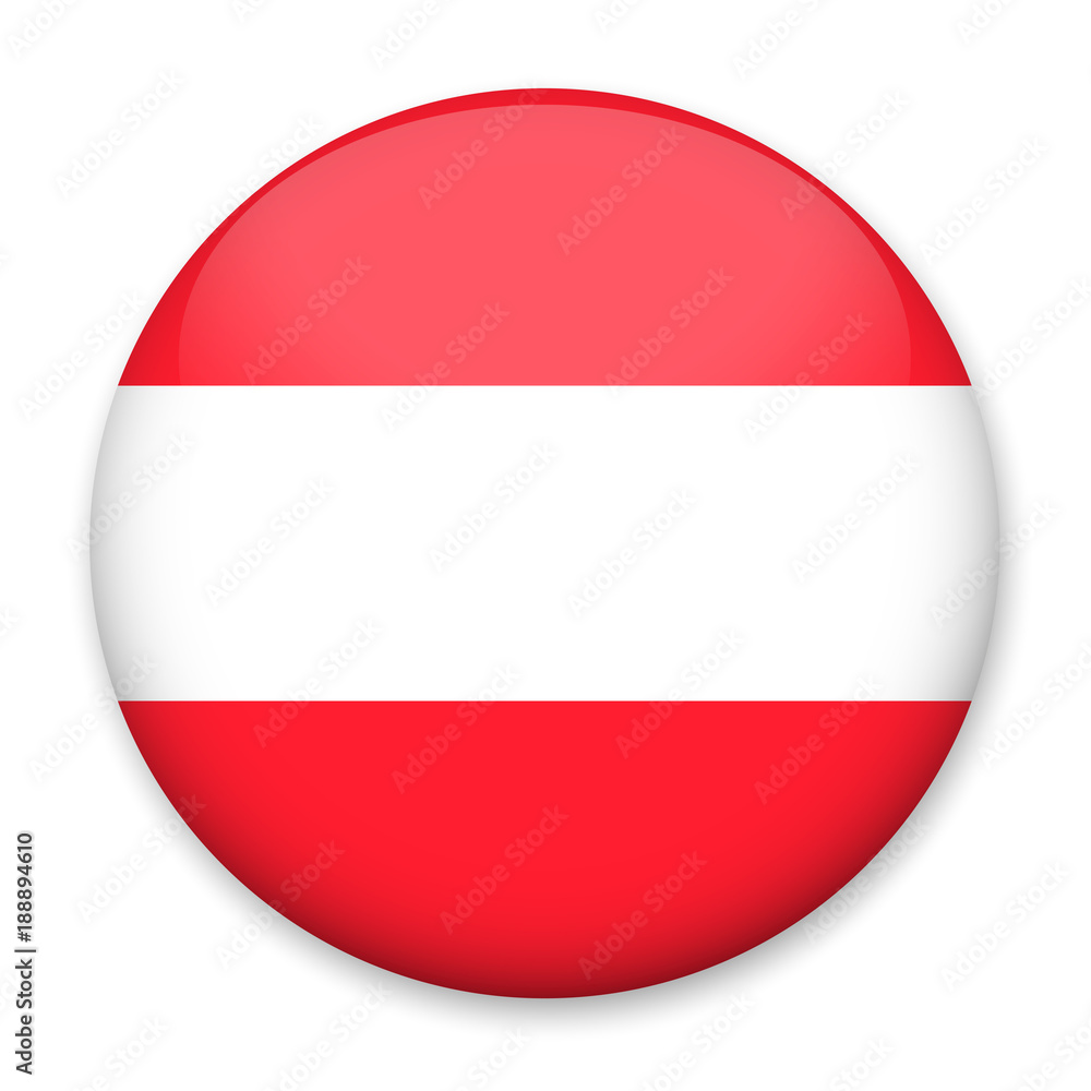 Flag of Austria in the form of a round button with a light glare and a shadow. The symbol of Independence Day, a souvenir, a button for switching the language on the site, an icon.
