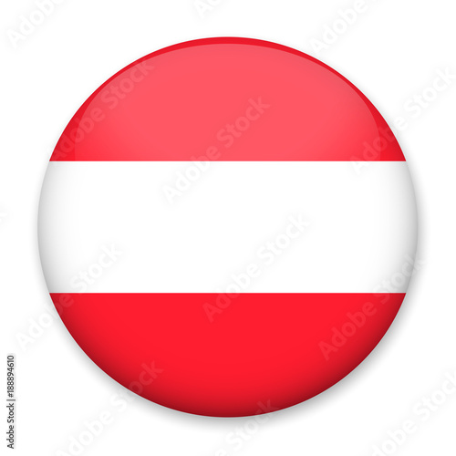 Flag of Austria in the form of a round button with a light glare and a shadow. The symbol of Independence Day, a souvenir, a button for switching the language on the site, an icon.