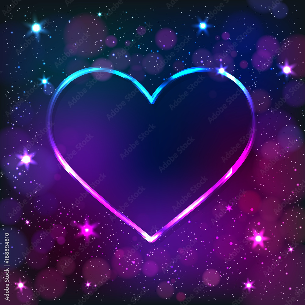 Colorful neon heart frame on a dark star background, vector abstract illustration. Colorful neon heart frame on a dark star background, vector abstract illustration.