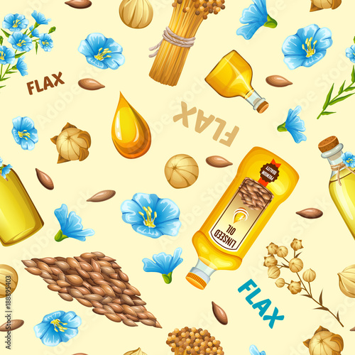 Pattern linseed oil, flax seeds and flowers. Seamless background for packaging.