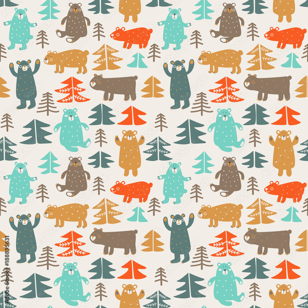 Funny animal seamless pattern made of cute bears in forest Funny animal seamless pattern made of cute bears in forest