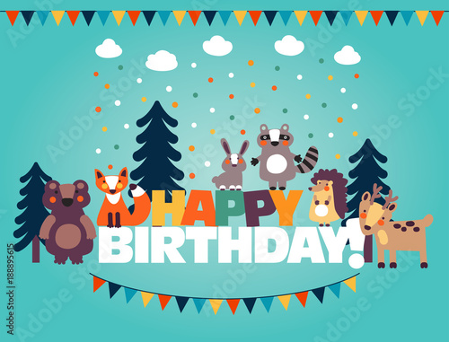 Happy birthday - lovely vector card with funny cute animals and garlands. Modern vector style. Ideal for cards, logo, invitations, party, banners, kindergarten, preschool and children room decoration