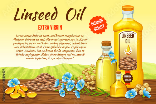 Linseed oil, flax seeds and flowers. Vector illustration.