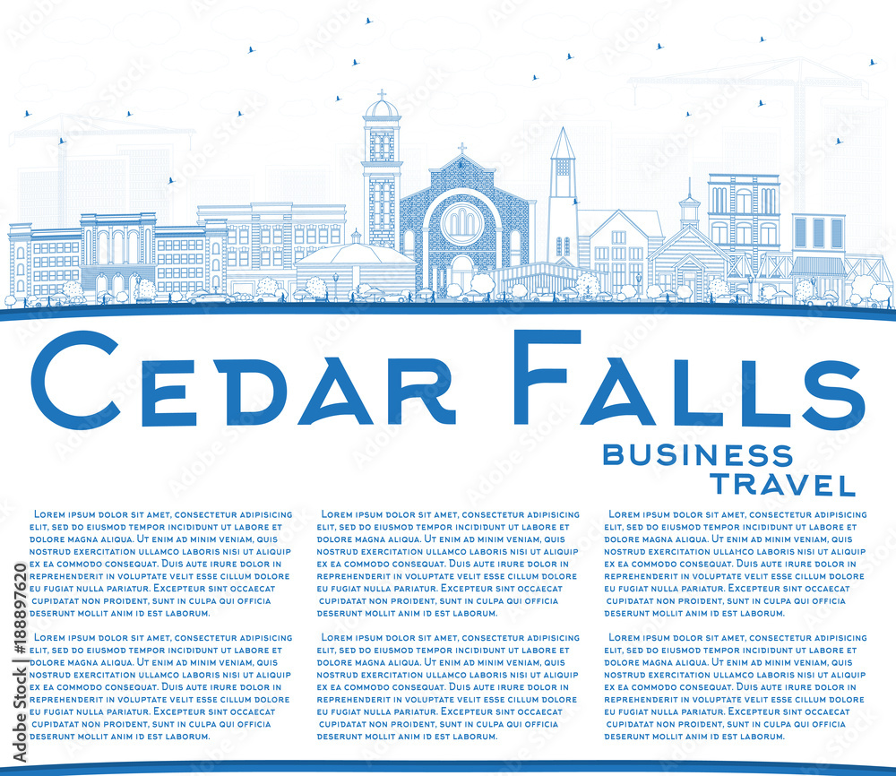 Outline Cedar Falls Iowa Skyline with Blue Buildings and Copy Space.