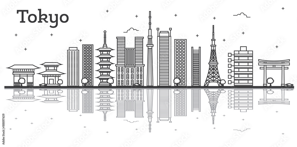 Obraz premium Zarys Tokio Japonia City Skyline z nowoczesnymi budynkami na białym tle.